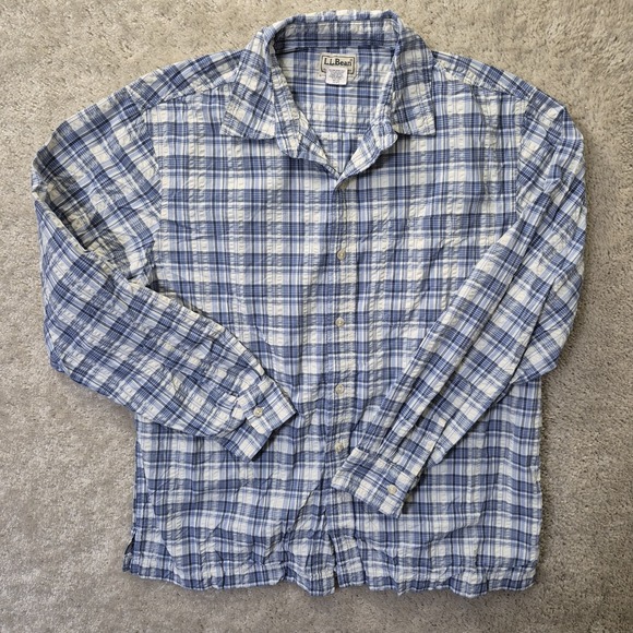 LL Bean Shirt Mens Medium Seersucker Plaid Blue Performance Coastal Beach Casual - Picture 2 of 8
